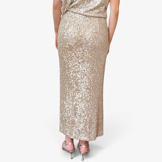Women's champagne sequin maxi skirt featuring a fitted waist, straight silhouette and sparkling sequin fabric, full back view.
