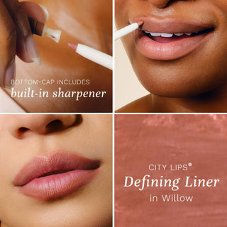 City Lips Defining Lip Liner in Willow collage showing built-in sharpener, lip application, and warm nude shade details