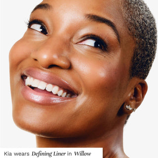 City Lips Defining Lip Liner in Willow warm nude shade worn with glossy lips for fuller-looking lip definition, model view