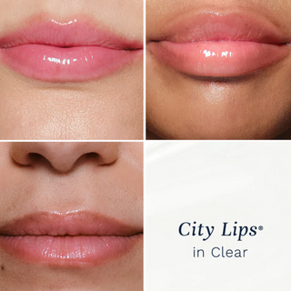 City Lips Plumping Lip Gloss in Clear shown on lips for glossy hydration and fuller-looking shine, lip result collage view