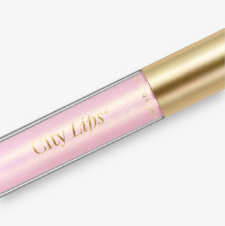 City Lips plumping lip gloss sheer pink with gold cap for plumping shine angled view