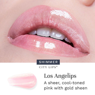 City Lips plumping lip gloss sheer pink shimmer lip swatch for glossy pink finish close-up view