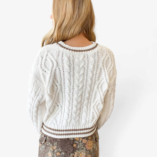 Classic Trim Cable Sweater in cream with detailed cable knit design and brown striped hem and neckline, back view