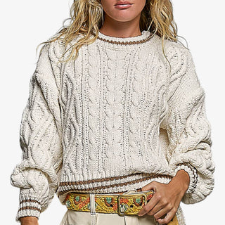 Cream cable knit sweater with brown contrast trim, crew neckline and relaxed fit, front view