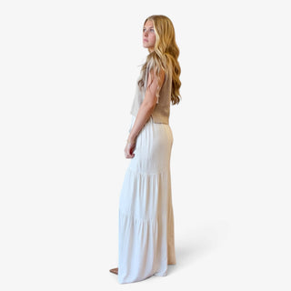 Coastal Linen Palazzo Pants in white featuring a relaxed wide leg silhouette and tiered panels, women’s side view