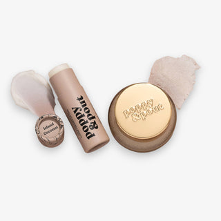 Makeup products with 'Poppy & Pout' branding on a white background