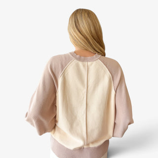 Taupe and cream color block Henley sweater with raglan sleeves, center back seam and ribbed trim, back view.