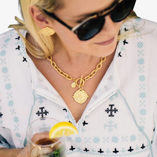 Handcast gold compass pendant necklace with toggle clasp and bold chain