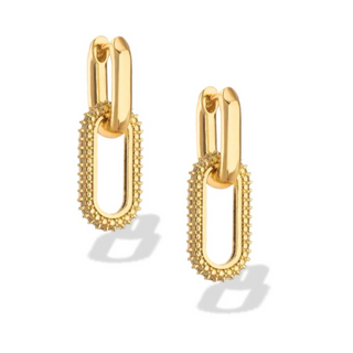 Gold chain-link earrings on a white background