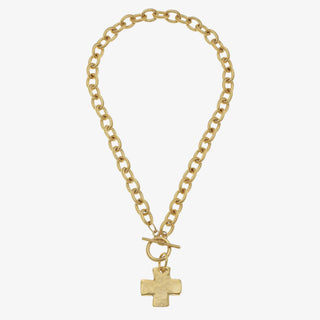 Susan Shaw 24K gold-plated cross necklace with front toggle and textured chain