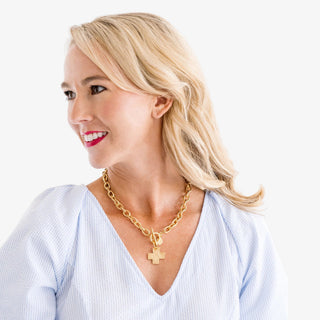 Susan Shaw 24K gold-plated cross necklace with front toggle and textured chain