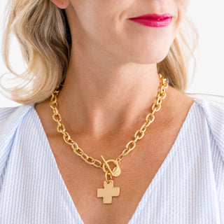 Susan Shaw 24K gold-plated cross necklace with front toggle and textured chain