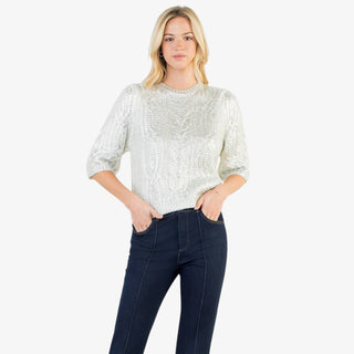White cable knit short sleeve sweater with puff sleeves and classic textured knit