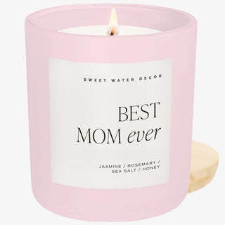 Best mom ever candle blush pink jar floral scent gift lit front view