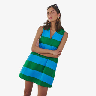 Blue and green stripe sleeveless mini dress with collared neckline and relaxed shift silhouette styled for spring outfits and Easter dresses.