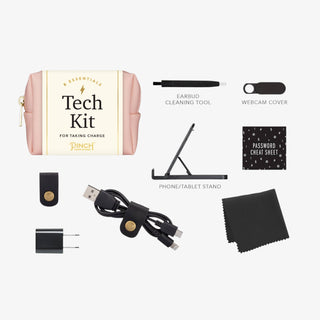 Blush tech essentials kit with eight tools including charger, cable, stand, webcam cover, cleaning cloth, and organizing accessories