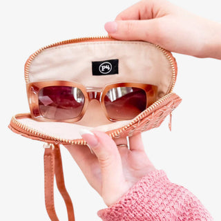 Brown woven sunglass case with wristlet strap zip closure compact eyewear holder front view