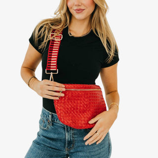 Pretty Simple red woven belt bag crossbody adjustable strap worn front casual outfit