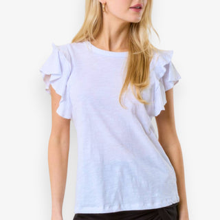 White ruffle sleeve tee with soft lightweight fabric, flutter sleeves, and a relaxed fit for an easy everyday casual look