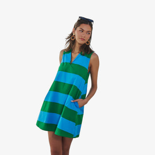 Blue and green stripe sleeveless mini dress with collared neckline and relaxed shift silhouette styled for spring outfits and Easter dresses.