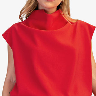 Mock neck balloon top in red with modern draped fit and cap sleeves