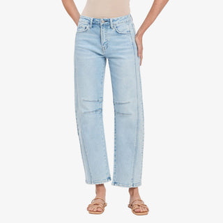 Light wash barrel jeans with high rise waist and curved leg fit