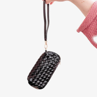 Black woven sunglass case with wristlet strap zip closure compact eyewear holder front view