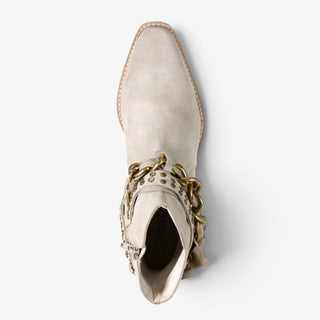 Diba True Paper Lily suede ankle boot showing interior opening, pointed toe and decorative gold chain, top view