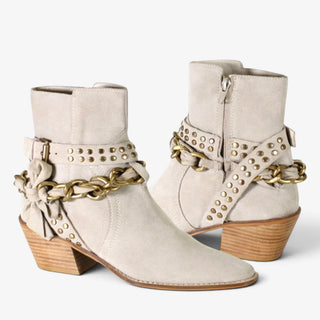 Diba True Paper Lily light taupe suede ankle boots with gold chains, studded straps and stacked heels, pair view