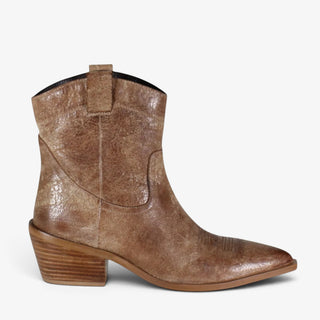 Diba True Rave Lion distressed brown leather ankle boot with a pointed toe and stacked heel, side view