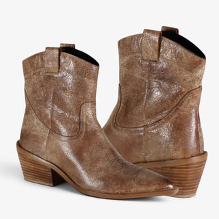 Diba True Rave Lion distressed brown leather ankle boots with warm tan undertones, pointed toes and stacked heels, pair view