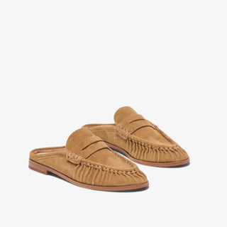 Dolce Vita Betzy light brown suede loafer mules with penny strap and ruched moccasin detail, pair front angled view