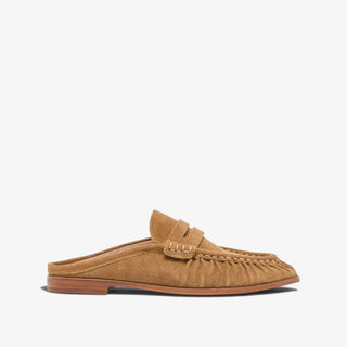 Dolce Vita Betzy light brown suede loafer mule with low heel, side profile view