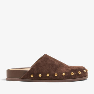 Dolce Vita Joney stud loafer mule in dark brown suede with gold studs, side view