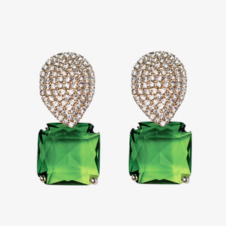 Green crystal drop earrings with pavé top statement front view