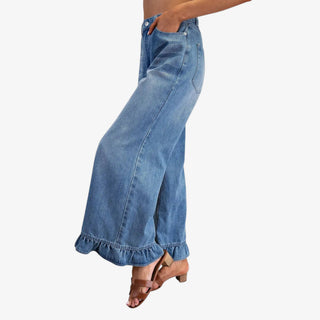 high rise wide leg jeans with ruffle hem detail womens statement denim pants with flare leg and feminine ruffle ankle design