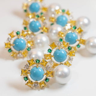 Pearl drop earrings with colorful crystal halo vintage glam statement front view