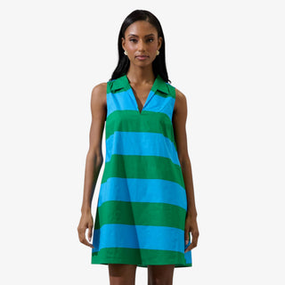 Blue and green stripe sleeveless mini dress with collared neckline and relaxed shift silhouette styled for spring outfits and Easter dresses.