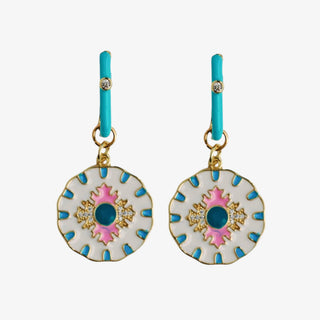 Capri tile charm earrings with turquoise enamel hoops and colorful coastal tile charms front product view