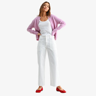 Wide leg white pants with high rise waist front patch pockets and relaxed straight leg fit