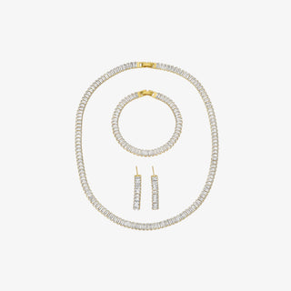 Ebba designer crystal jewelry set with gold baguette necklace bracelet and matching drop earrings