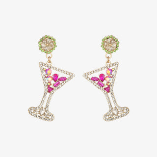 Triangular earrings with pink and green gemstones on a white background