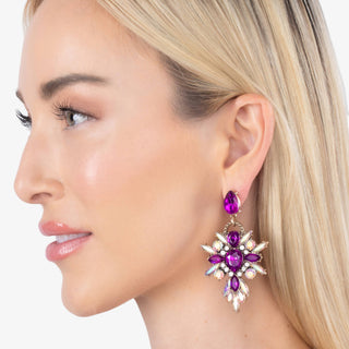 Lexy purple statement earrings with faceted purple crystals and iridescent crystal detailing
