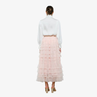 Light blush tiered tulle maxi skirt with layered ruffles and elastic waistband