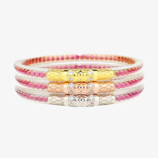 BudhaGirl Three Queens all weather bangles in epic pink featuring crystal detail and mixed metallic center accents