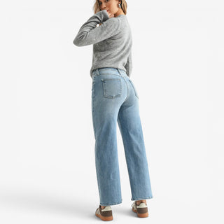 Medium wash cropped wide leg jeans shown from the back with classic rear pockets and a flattering high rise fit