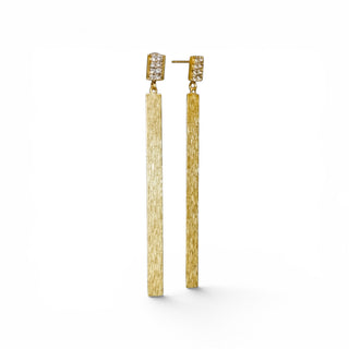 Everyday Gold Modern Drop Earrings with sparkling crystal studs and textured gold bar drops, angled side view