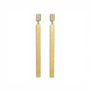 Everyday Gold Modern Drop Earrings featuring crystal rectangular studs and long brushed gold bar drops, front view