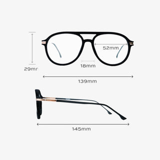 EyeJets Mykonos aviator blue light readers size guide showing lens width, bridge width, frame width, and temple length.