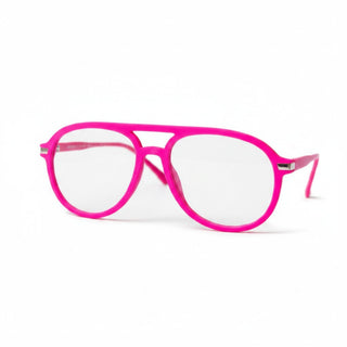 Angled view of EyeJets Mykonos pink velvet blue light reading glasses featuring a bright pink aviator frame